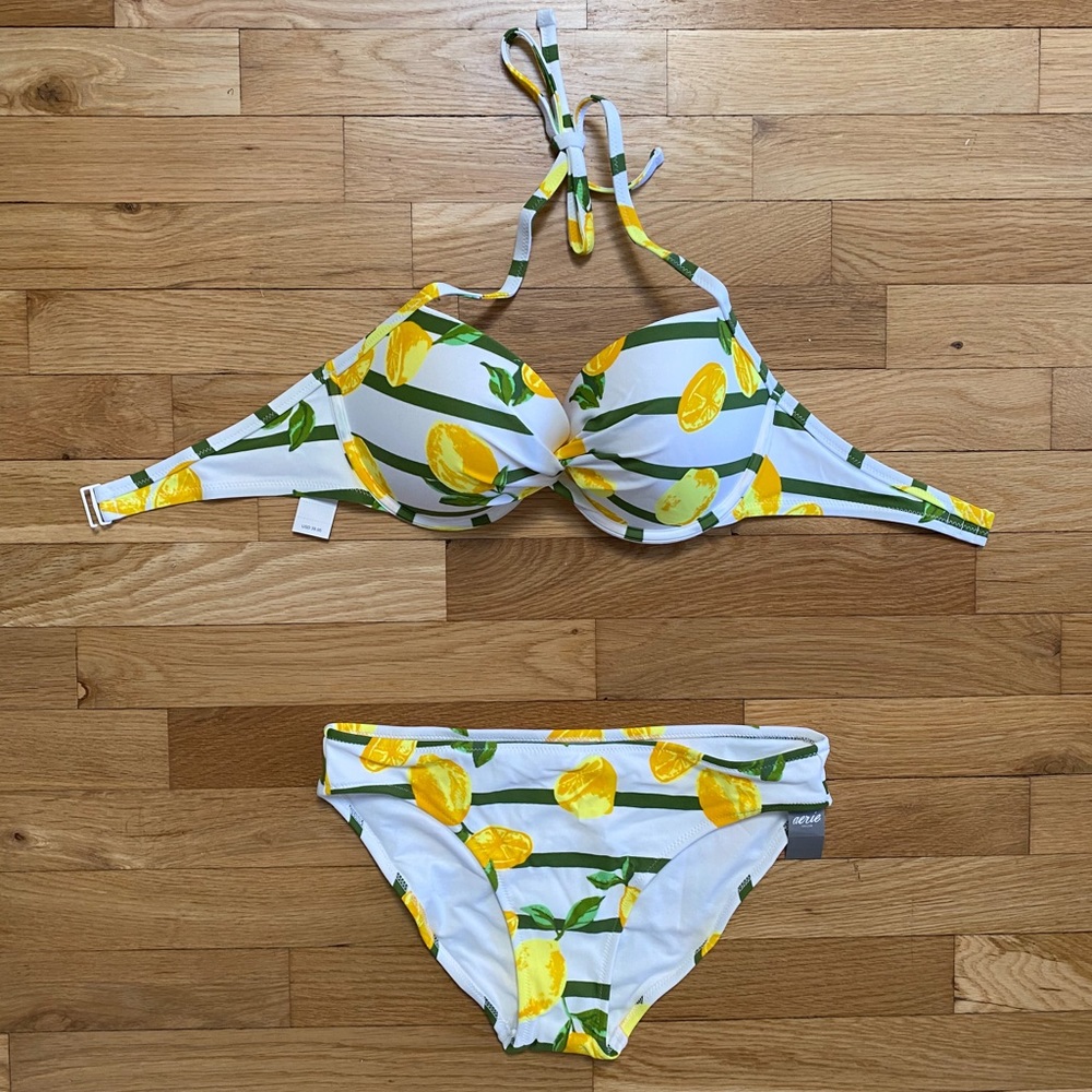 NWT Aerie Underwire Bikini Top & Bottom | Lemon Print | 32DDD Top, M Bottoms